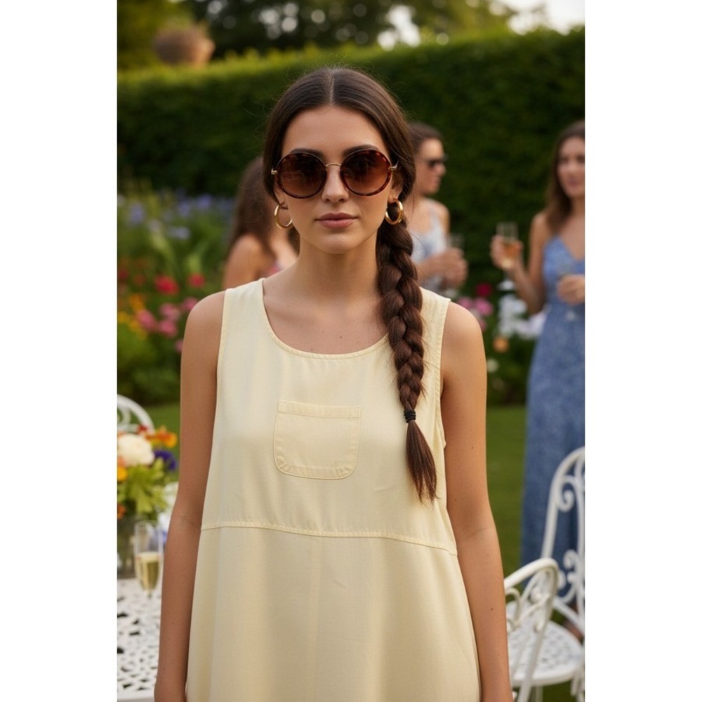 VTG Lagenlook AKS Butter Yellow Tencel Lyocell Sleeveless Midi‎ Dress M